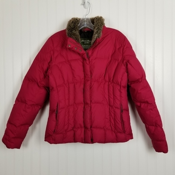 Eddie Bauer Quilted Goose Down Puffer Jacket Faux Fur Collar Pink Women's Medium - Picture 9 of 12